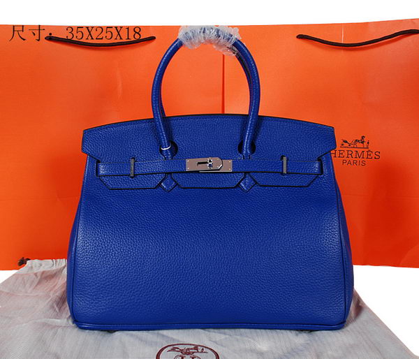 Hermes Birkin 35CM Tote Bag Blue Original Grainy Leather H35 Silver