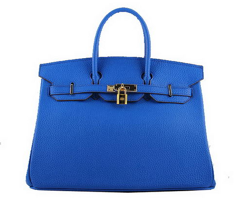 Hermes Birkin 35CM Tote Bags Blue Grainy Leather H-35 Gold