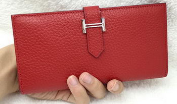 Hermes Bearn Japonaise Bi-Fold Wallet Litchi Leather A208 Red Hermes Bearn Japonaise Bi-Fold Wallet Litchi Leather A208 Red