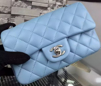 Chanel Classic mini Flap Bag SkyBlue Sheepskin Leather A67350 Silver Chanel Classic mini Flap Bag SkyBlue Sheepskin Leather A67350 Silver