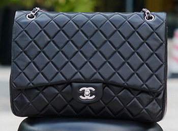 Chanel Maxi Quilted Classic Flap Bag Black Sheepskin A58601 Silver Chanel Maxi Quilted Classic Flap Bag Black Sheepskin A58601 Silver