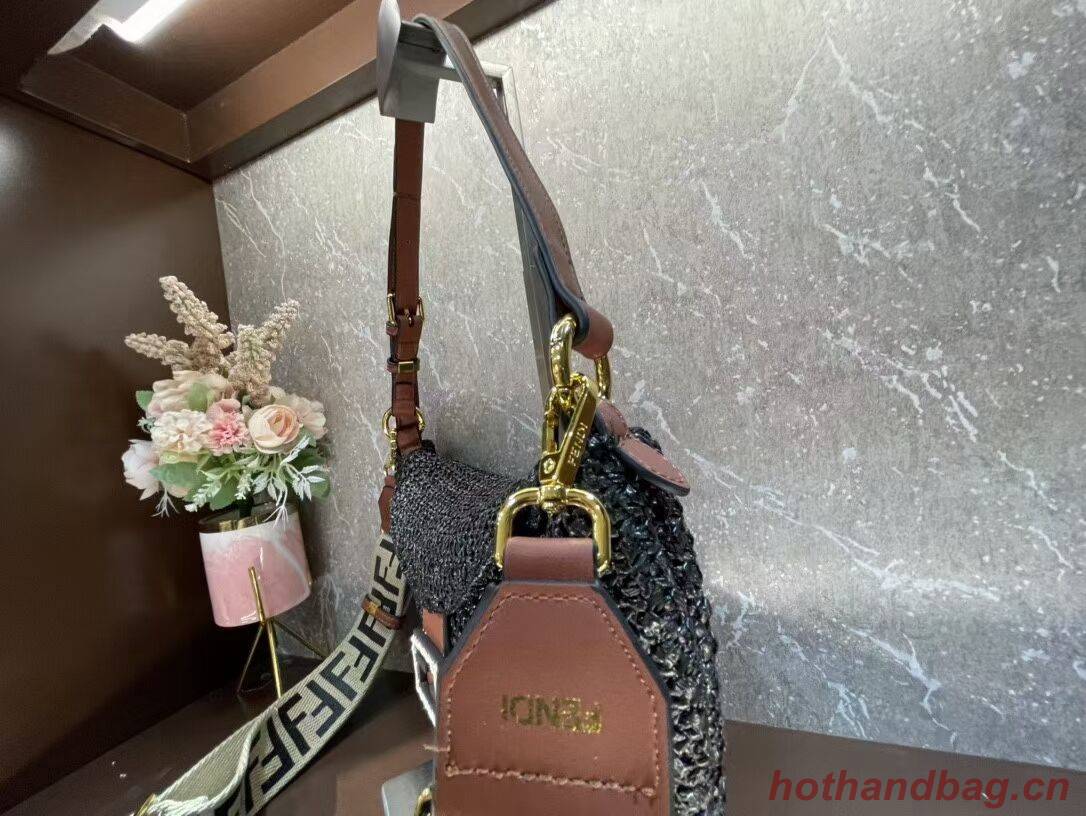 FENDI SMALL CROISSANT Woven straw bag 8BR790AFG black FENDI SMALL CROISSANT Woven straw bag 8BR790AFG black