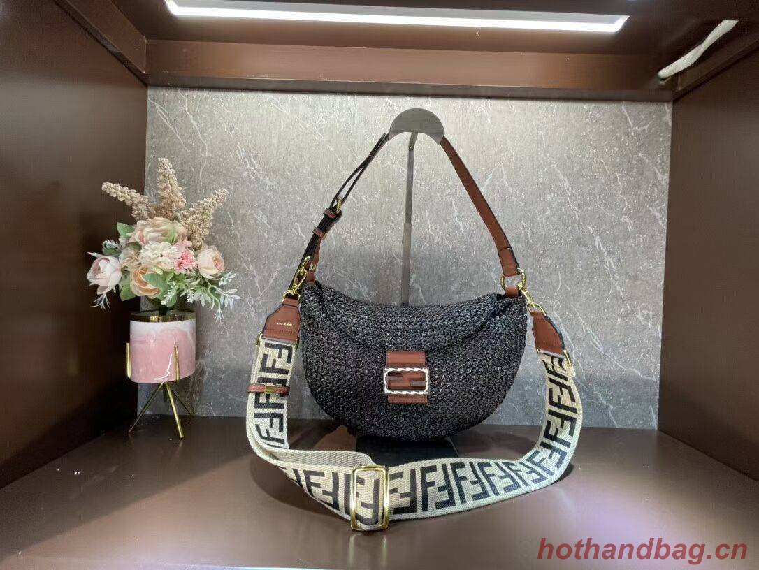 FENDI SMALL CROISSANT Woven straw bag 8BR790AFG black FENDI SMALL CROISSANT Woven straw bag 8BR790AFG black