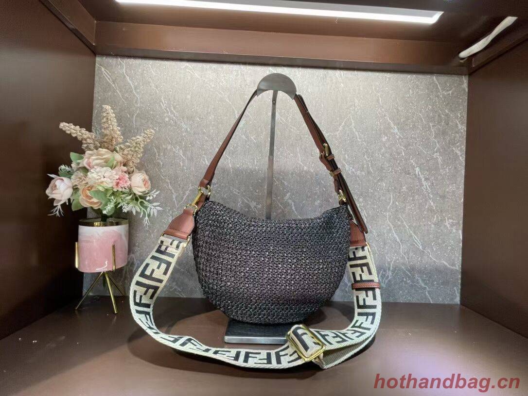 FENDI SMALL CROISSANT Woven straw bag 8BR790AFG black FENDI SMALL CROISSANT Woven straw bag 8BR790AFG black