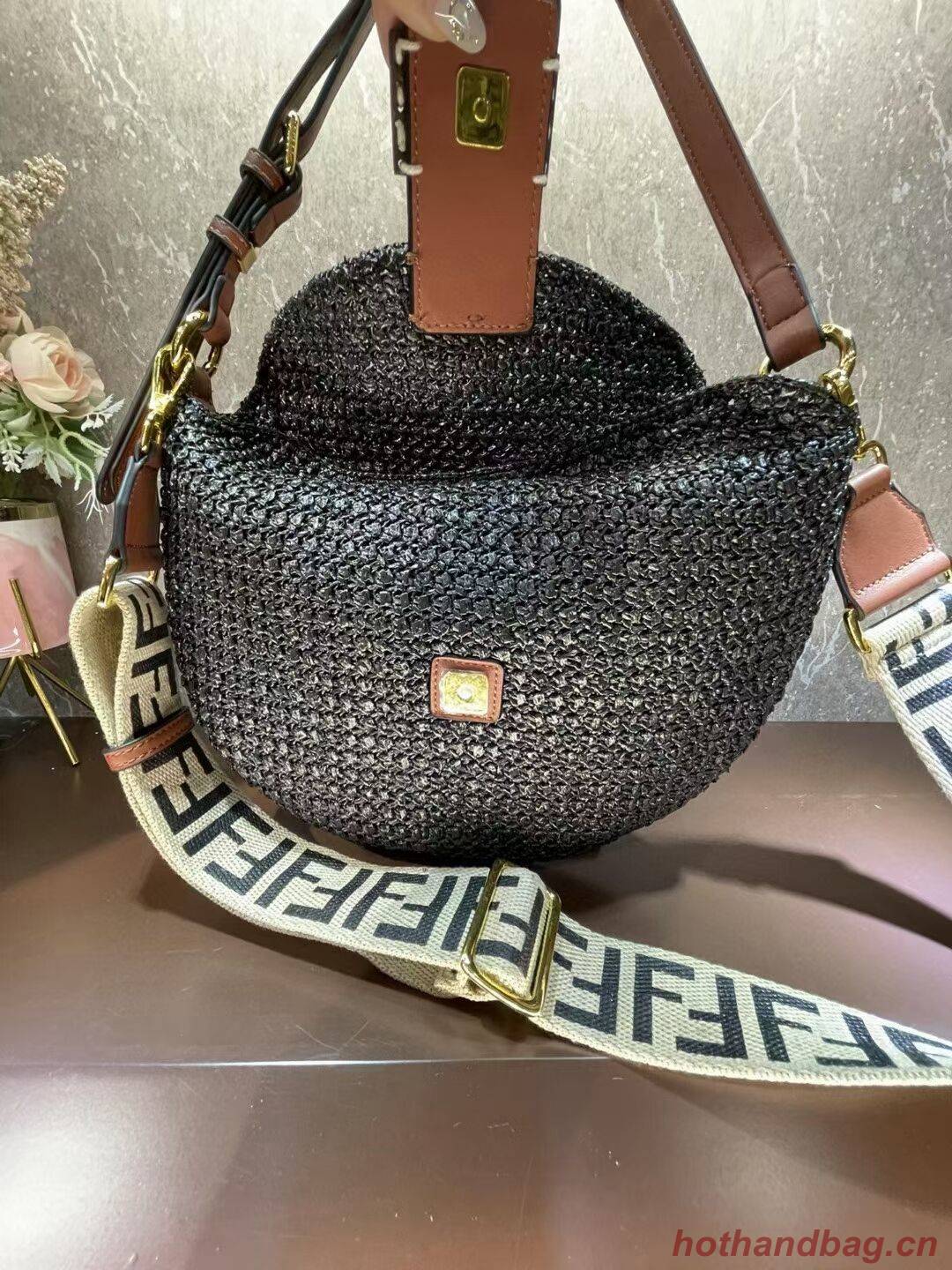FENDI SMALL CROISSANT Woven straw bag 8BR790AFG black FENDI SMALL CROISSANT Woven straw bag 8BR790AFG black