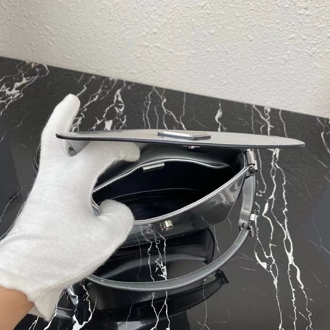 Prada Cleo brushed leather shoulder bag with flap 1BH2755 silver Prada Cleo brushed leather shoulder bag with flap 1BH2755 silver