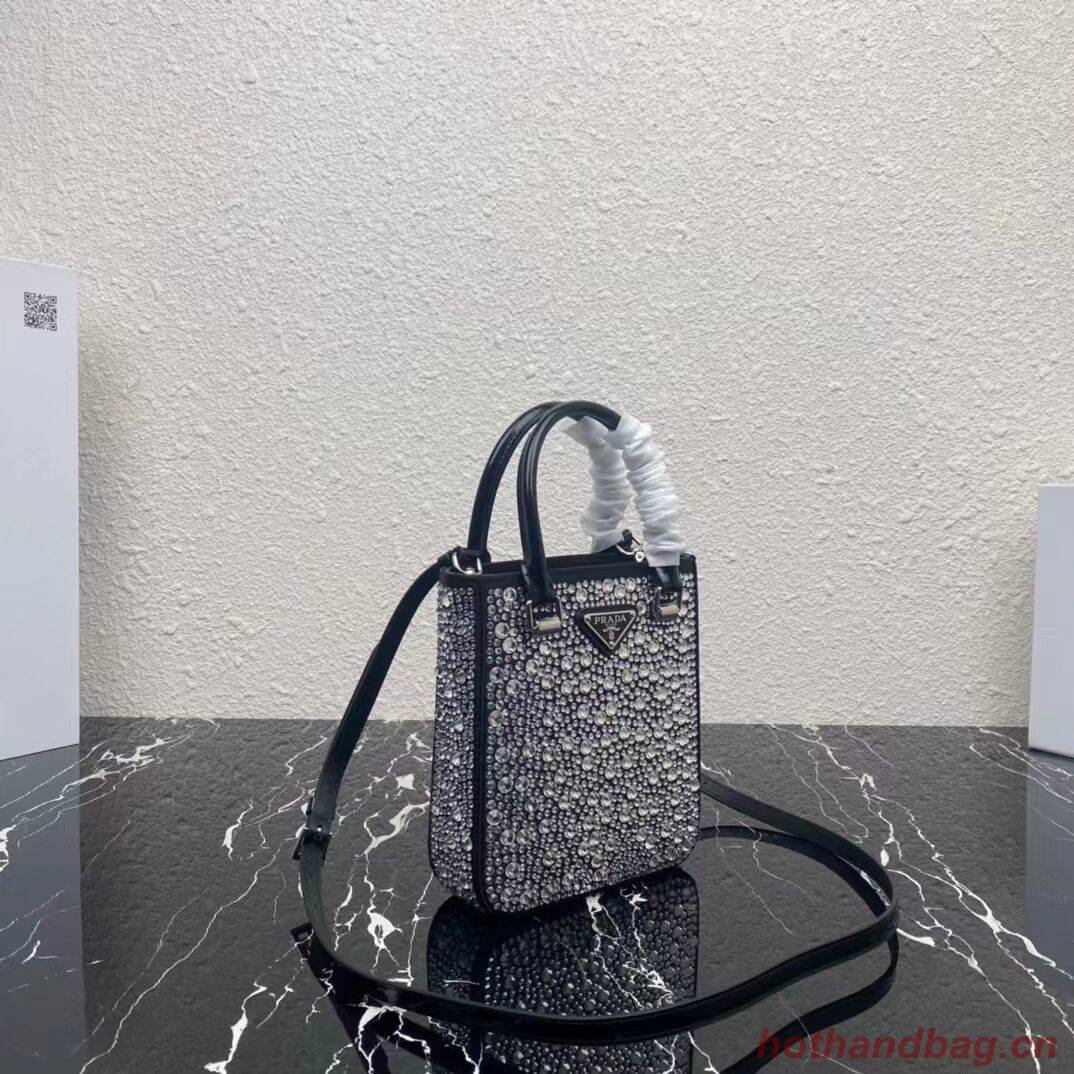 Prada leather small-bag with artificial crystals tote 1BC331 black Prada leather small-bag with artificial crystals tote 1BC331 black