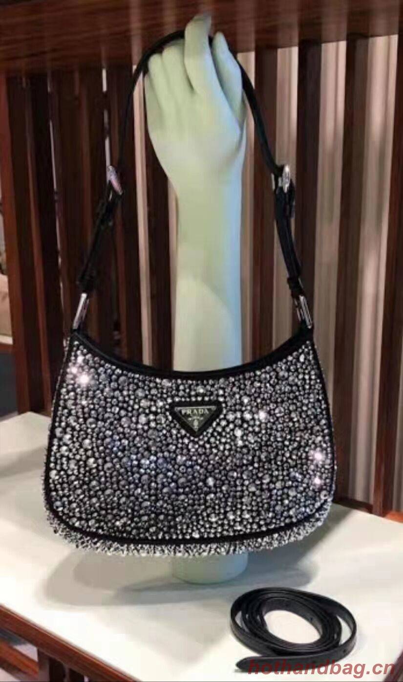 Prada leather shoulder bag with artificial crystals tote 1BN169 black Prada leather shoulder bag with artificial crystals tote 1BN169 black