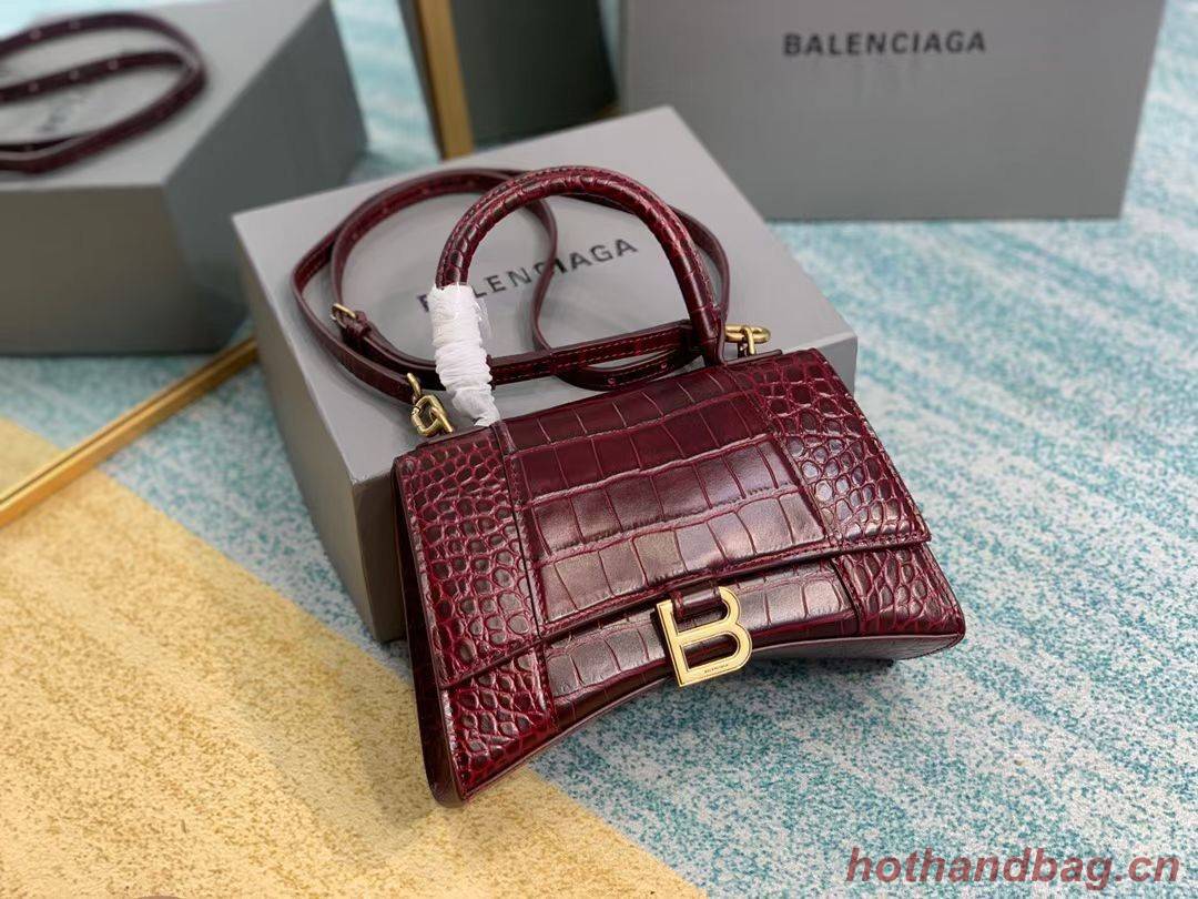 Balenciaga HOURGLASS SMALL TOP HANDLE BAG crocodile embossed calfskin B108895E Burgundy