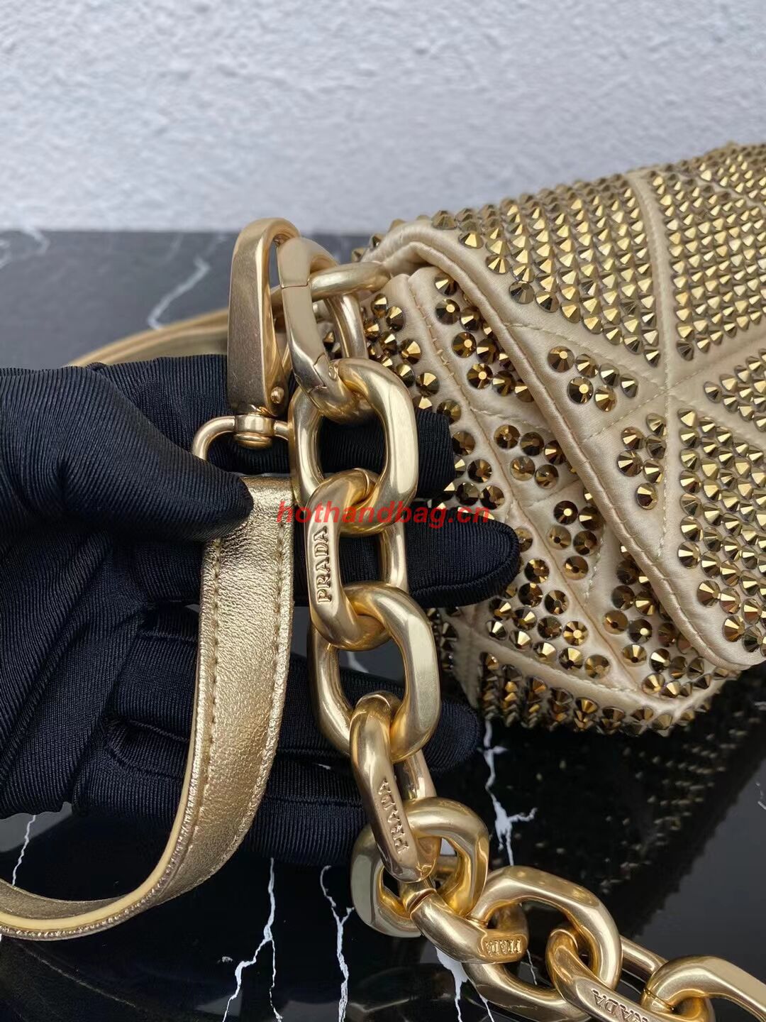 Prada Crystal-studded satin pouch 1HD339 gold Prada Crystal-studded satin pouch 1HD339 gold