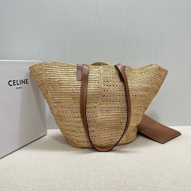 CELINE CLASSIC PANIER SMALL BRAIDED TRIOMPHE in RAFFIA and CALFSKIN 119682 TAN