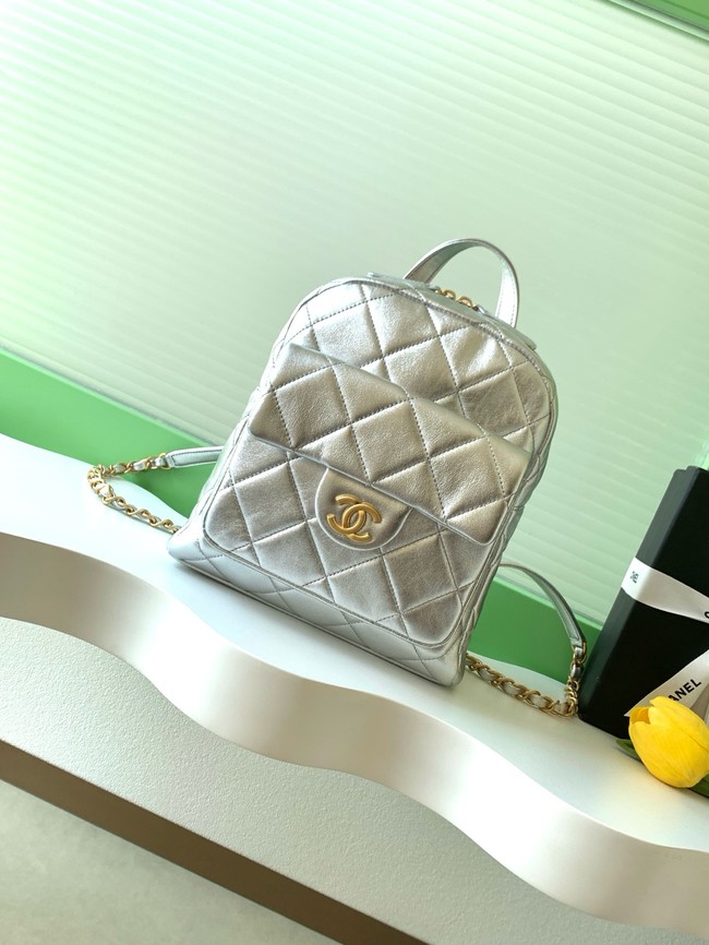 Chanel Backpack Calfskin & Gold Metal AS5793 Silver