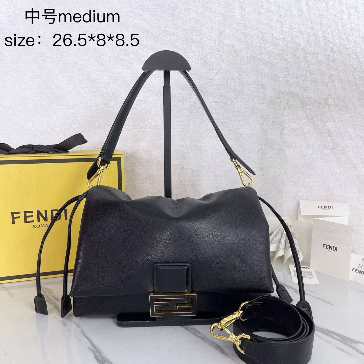 FENDI 2025 Mamma Baguette Original Leather Medium Bag FF8851 Black