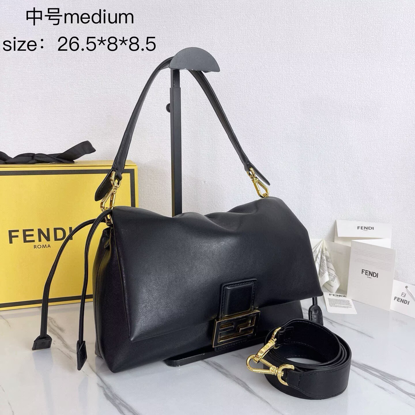 FENDI 2025 Mamma Baguette Original Leather Medium Bag FF8851 Black FENDI 2025 Mamma Baguette Original Leather Medium Bag FF8851 Black