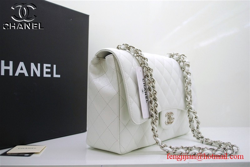 Chanel Jumbo Caviar Flap Bag 36076 White Silver Chain Chanel Jumbo Caviar Flap Bag 36076 White Silver Chain