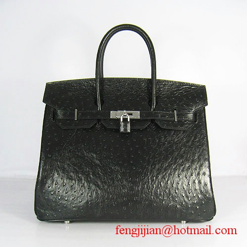 Hermes Birkin 35cm Ostrich Veins Handbag Black 6089 Silver Hardware Hermes Birkin 35cm Ostrich Veins Handbag Black 6089 Silver Hardware