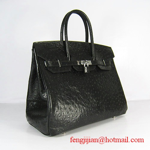 Hermes Birkin 35cm Ostrich Veins Handbag Black 6089 Silver Hardware Hermes Birkin 35cm Ostrich Veins Handbag Black 6089 Silver Hardware