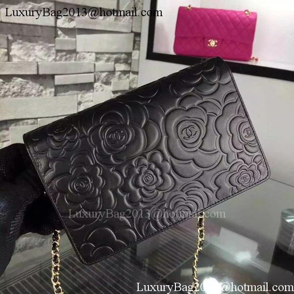 Chanel WOC Flap Bag Original Black Camellia Leather A5373 Gold Chanel WOC Flap Bag Original Black Camellia Leather A5373 Gold