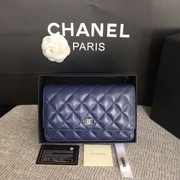 Chanel WOC Flap Bag Dark Blue Original Sheepskin Leather 33814 Silver Chanel WOC Flap Bag Dark Blue Original Sheepskin Leather 33814 Silver