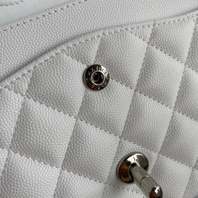 Chanel Flap Shoulder Bag Grained Caviar Leather A01112 silver-Tone Metal white