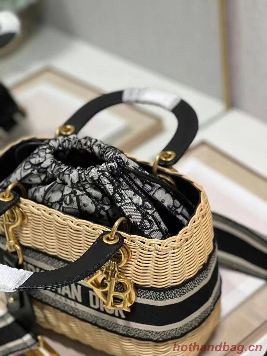 MEDIUM LADY DIOR BAG Natural Wicker and Blue Dior Oblique Jacquard M0565 MEDIUM LADY DIOR BAG Natural Wicker and Blue Dior Oblique Jacquard M0565