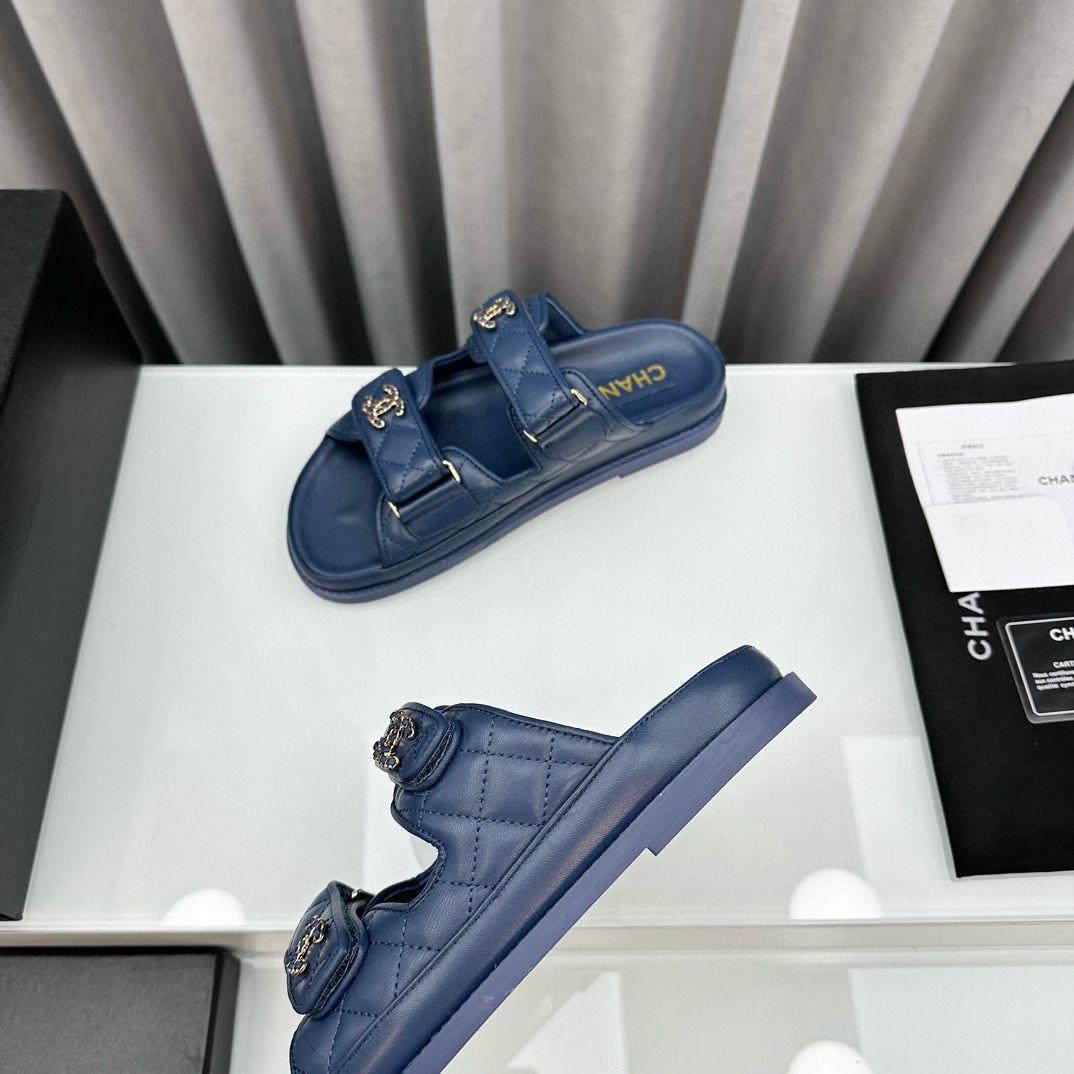 Chanel Original Leather Slipper Shoes HM30212 Dark Blue