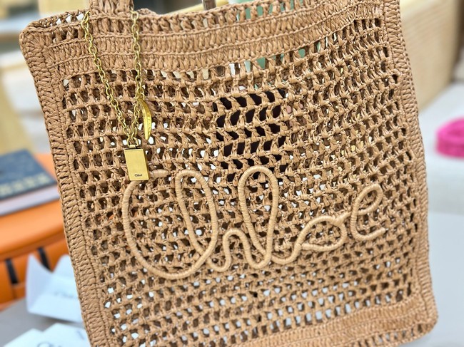 Chloe SUMMER straw and leather tote bag 0824P brown