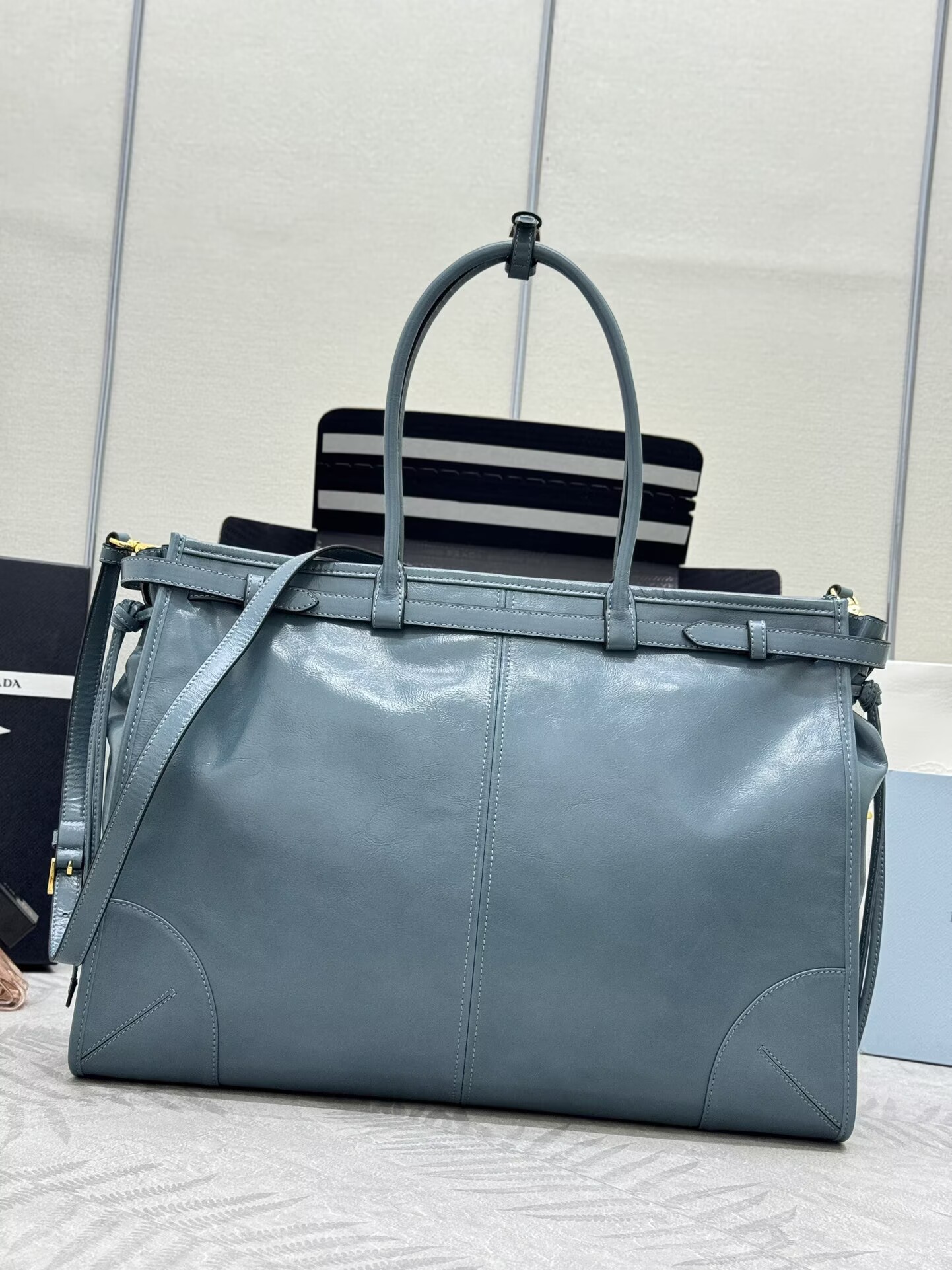 Prada Large Bonnie Leather Tote Bag 1BA439 Blue Prada Large Bonnie Leather Tote Bag 1BA439 Blue