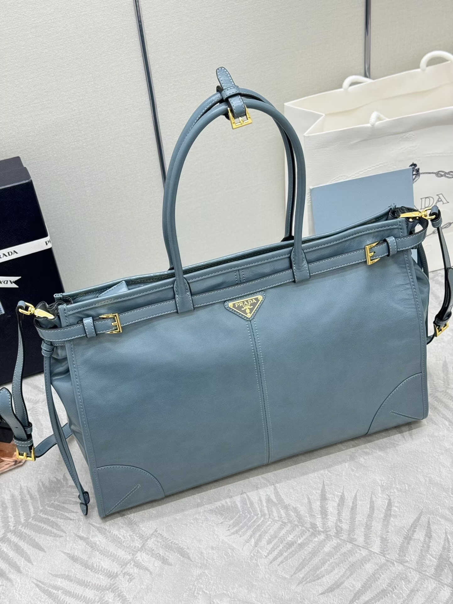 Prada Large Bonnie Leather Tote Bag 1BA439 Blue Prada Large Bonnie Leather Tote Bag 1BA439 Blue