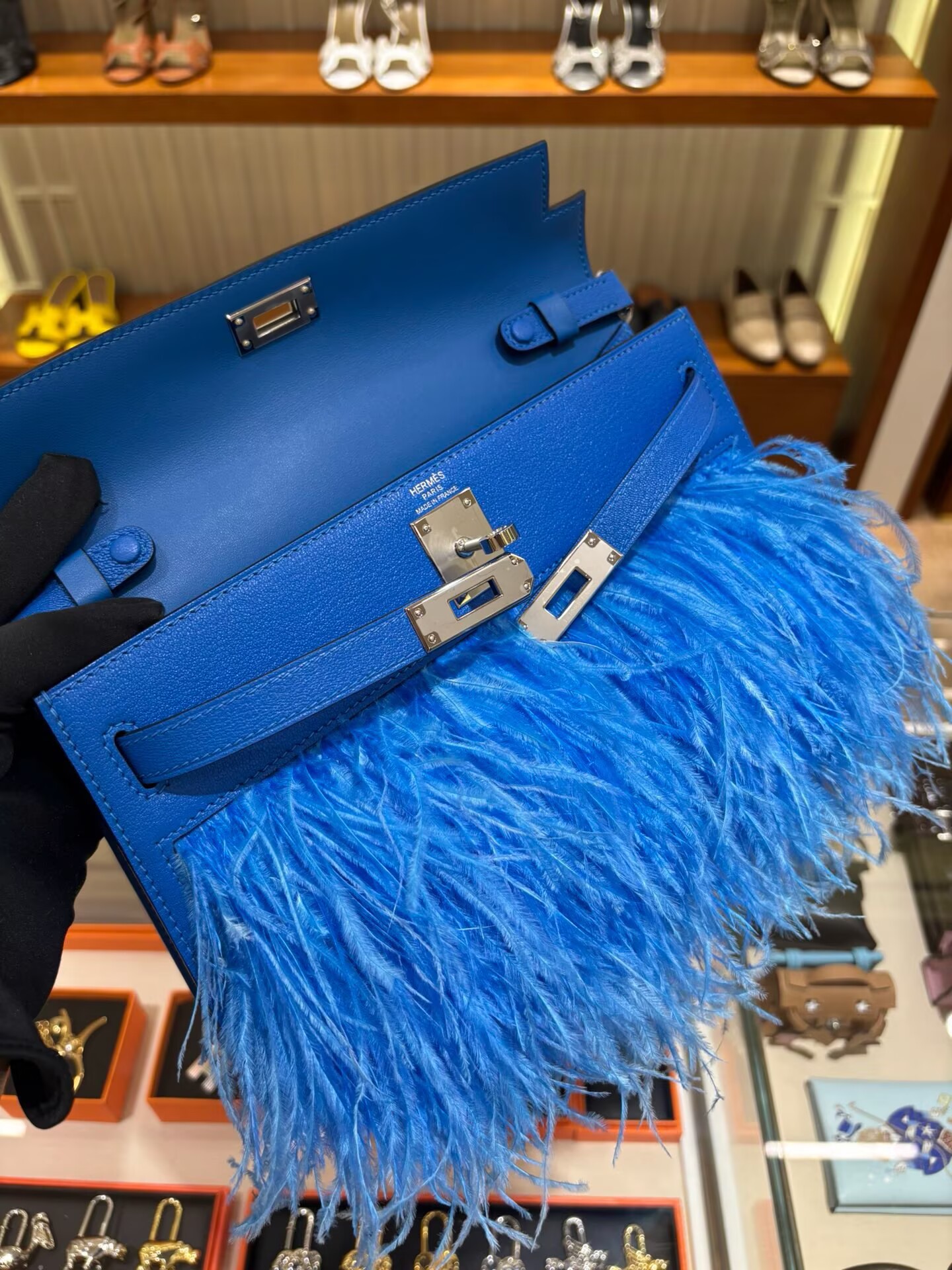 Hermes Kelly Elan Original Leather Ostich Feathers Bag 83210 Blue