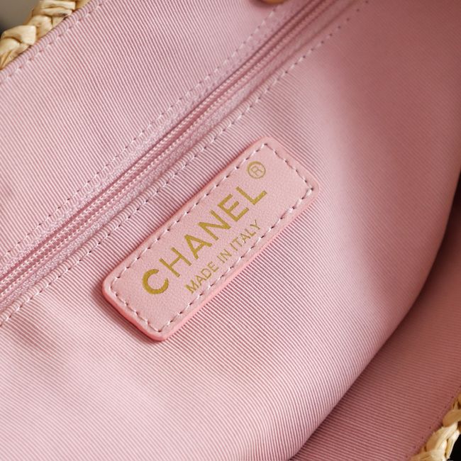 CHANEL Braided Straw Shoulder Bag AS5955 Apricot and pink