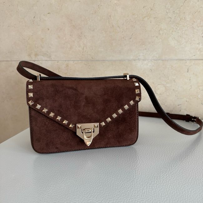 VALENTINO ROCKSTUD Small suede Shoulder Bag B0T76 dark brown