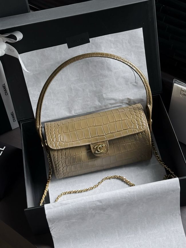 Chanel Clutch with chain Crocodile Embossed AP5294 Dark Khaki Chanel Clutch with chain Crocodile Embossed AP5294 Dark Khaki
