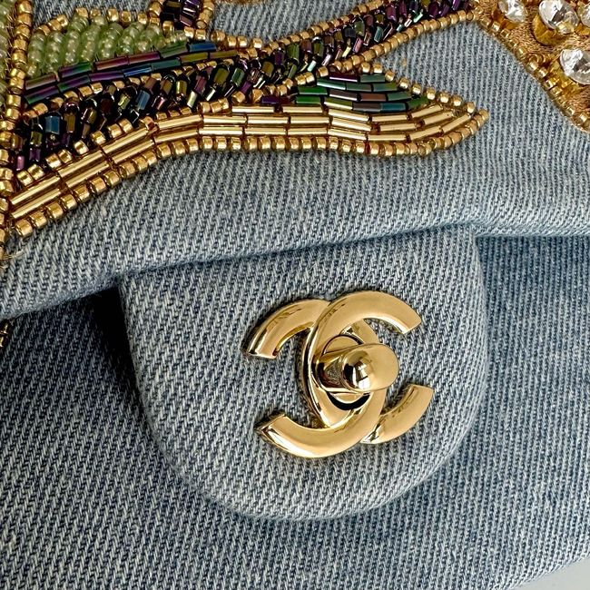 Chanel Classic 11.12 Handbag A01112 Embroidered Denim Blue Chanel Classic 11.12 Handbag A01112 Embroidered Denim Blue