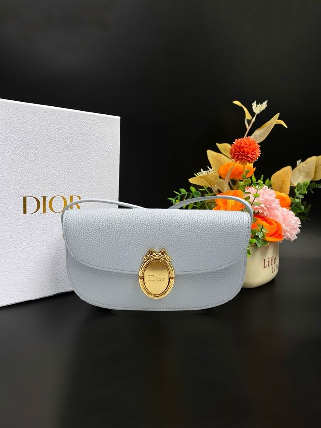 Small Dior Medaillon Flap Bag Grained Calfskin M3919Q ice blue