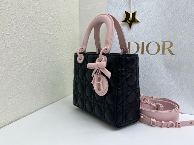 Small Lady Dior Bag with Strap Cannage Lambskin M0531OU black&pink Small Lady Dior Bag with Strap Cannage Lambskin M0531OU black&pink