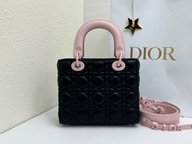 Small Lady Dior Bag with Strap Cannage Lambskin M0531OU black&pink Small Lady Dior Bag with Strap Cannage Lambskin M0531OU black&pink