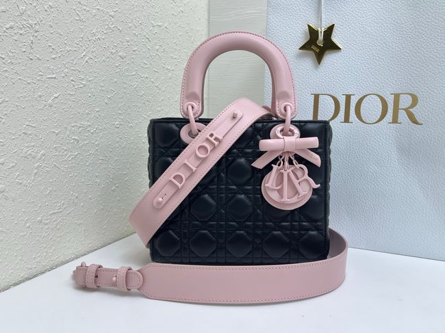 Small Lady Dior Bag with Strap Cannage Lambskin M0531OU black&pink