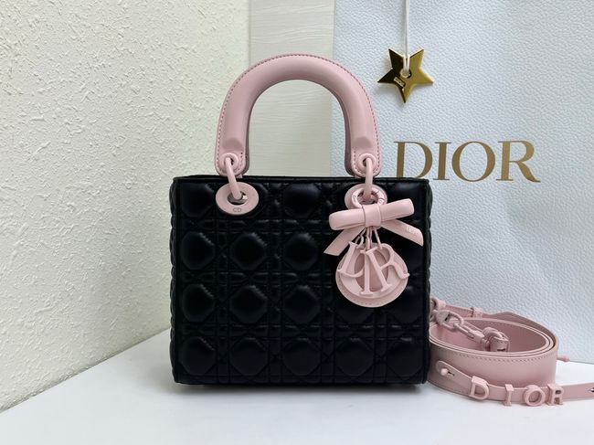 Small Lady Dior Bag with Strap Cannage Lambskin M0531OU black&pink Small Lady Dior Bag with Strap Cannage Lambskin M0531OU black&pink