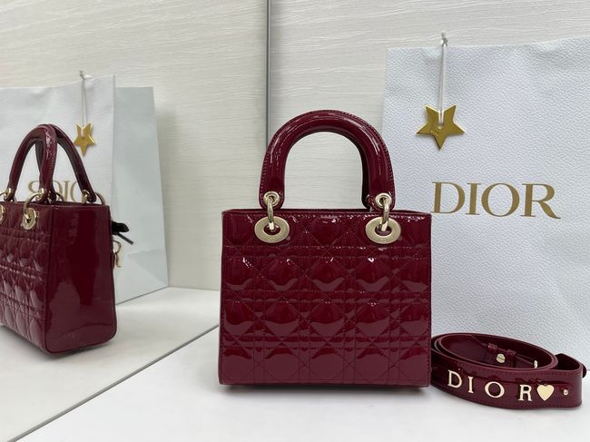 Small Lady Dior Bag with Strap Cannage patent leather M0531OU Burgundy Small Lady Dior Bag with Strap Cannage patent leather M0531OU Burgundy