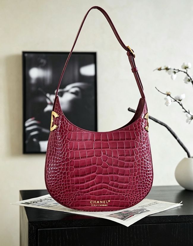 Chanel Crocodile Embossed Shoulder Bag 68012 burgundy Chanel Crocodile Embossed Shoulder Bag 68012 burgundy