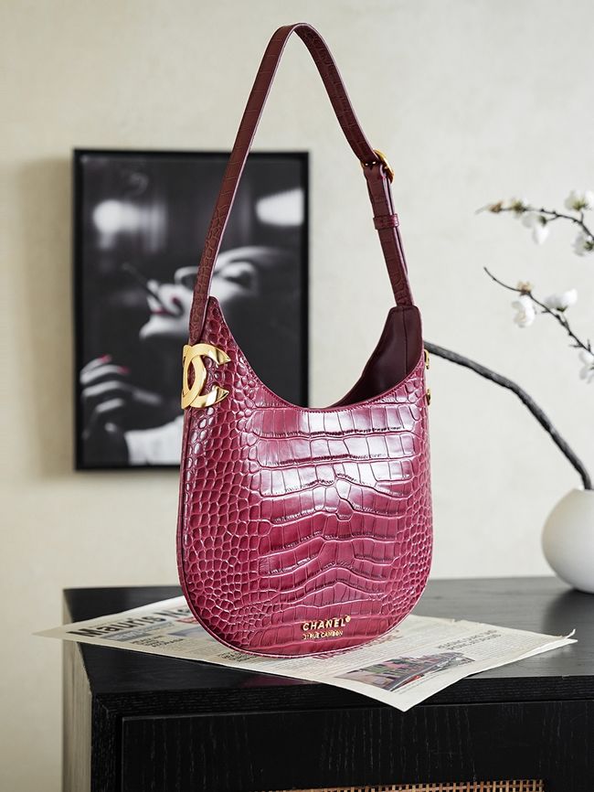 Chanel Crocodile Embossed Shoulder Bag 68012 burgundy