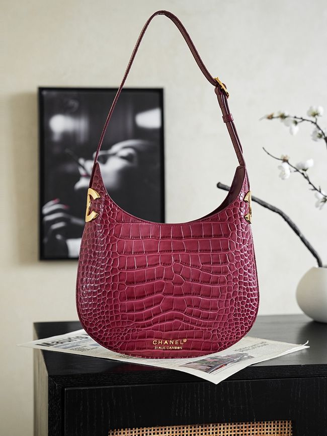 Chanel Crocodile Embossed Shoulder Bag 68012 burgundy