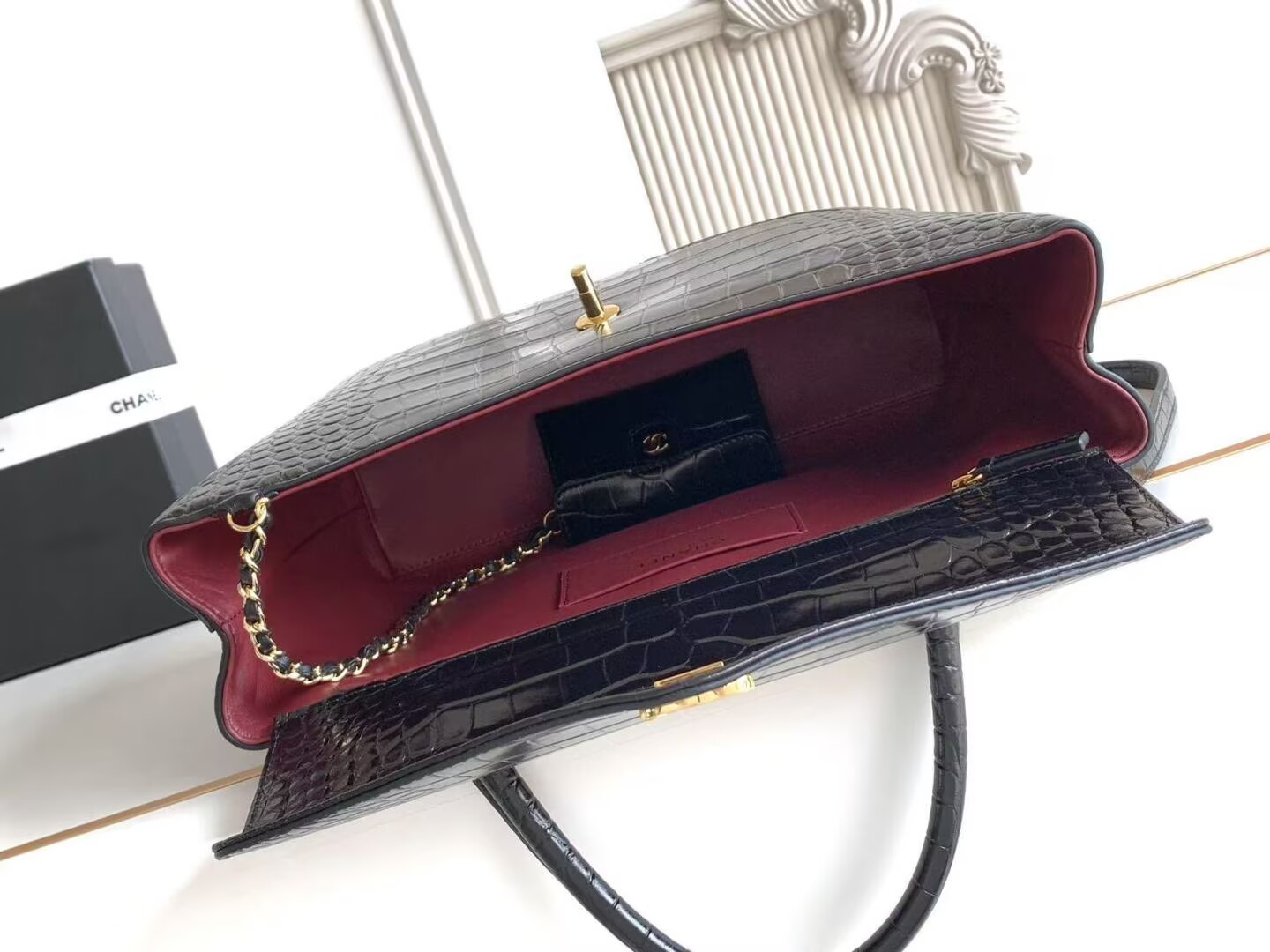 Chanel Maxi Flap Bag With Top Handle Crocodile Embossed Calfskin & Gold-Tone Metal Dark Gray As6309 Chanel Maxi Flap Bag With Top Handle Crocodile Embossed Calfskin & Gold-Tone Metal Dark Gray As6309
