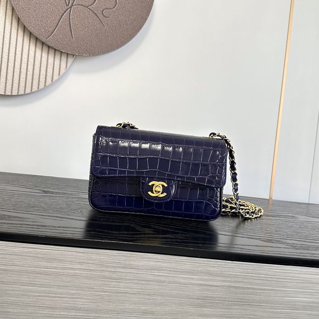 Chanel MINI FLAP BAG Crocodile Embossed 1116 Dark blue&gold
