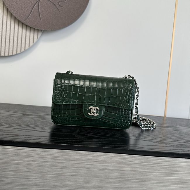 Chanel MINI FLAP BAG Crocodile Embossed 1116 green&silver