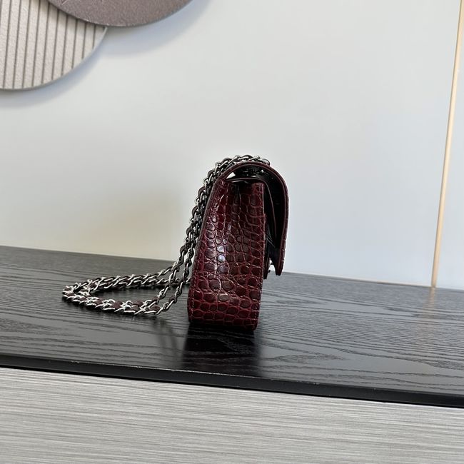 Chanel Small Flap Bag Crocodile Embossed 1112 Dark Burgundy&silver