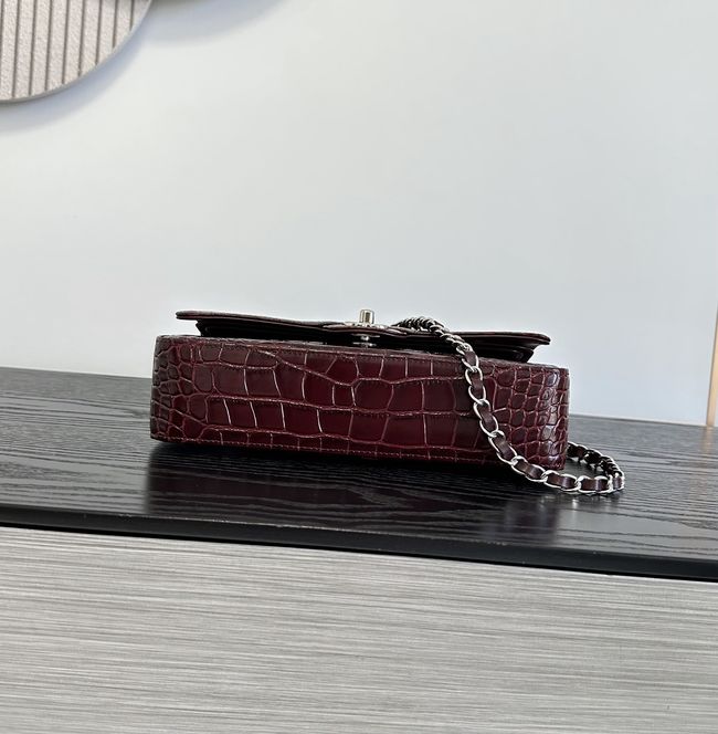 Chanel Small Flap Bag Crocodile Embossed 1112 Dark Burgundy&silver