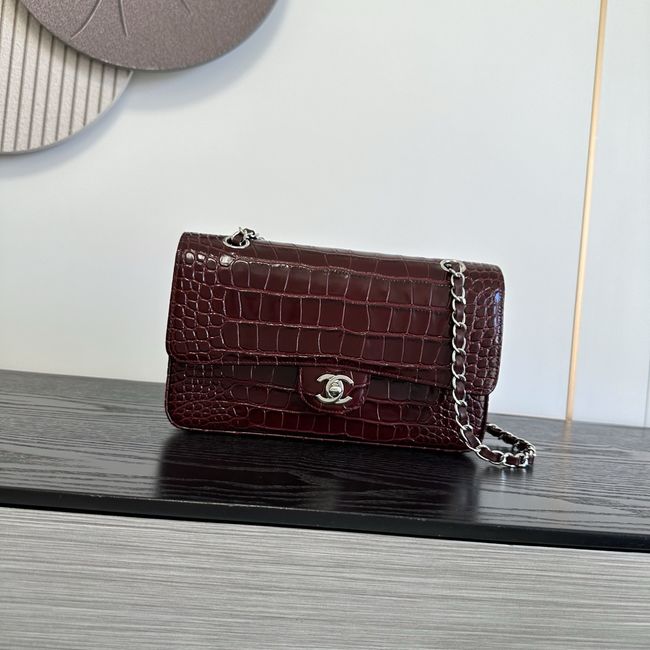 Chanel Small Flap Bag Crocodile Embossed 1112 Dark Burgundy&silver Chanel Small Flap Bag Crocodile Embossed 1112 Dark Burgundy&silver